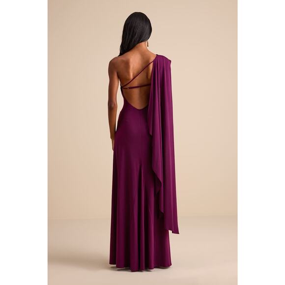 NWT Lulus Maru Plum Purple Long Sleeve One-Shoulder Sash Maxi Dress Gala Size L - Picture 3 of 10
